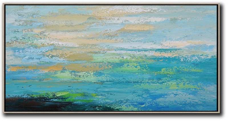 Handmade Large Painting,Horizontal Palette Knife Contemporary Art,Acrylic Painting On Canvas Blue,Yellow,Black,Green